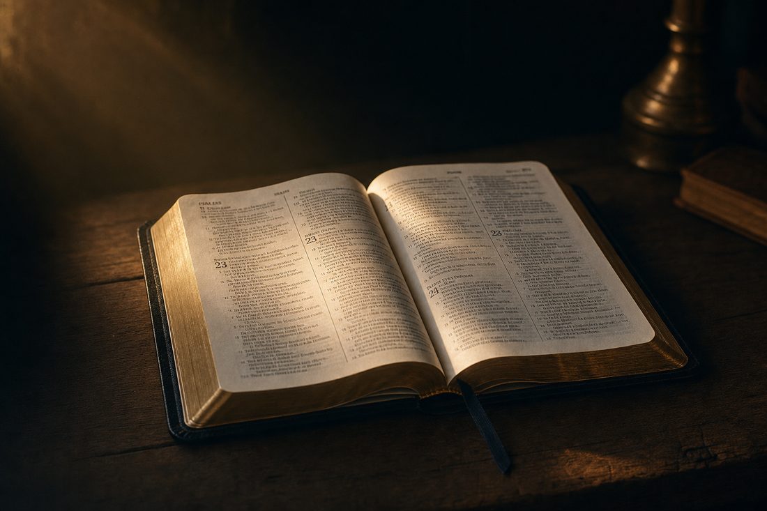 An open Bible resting on a wooden table in warm light